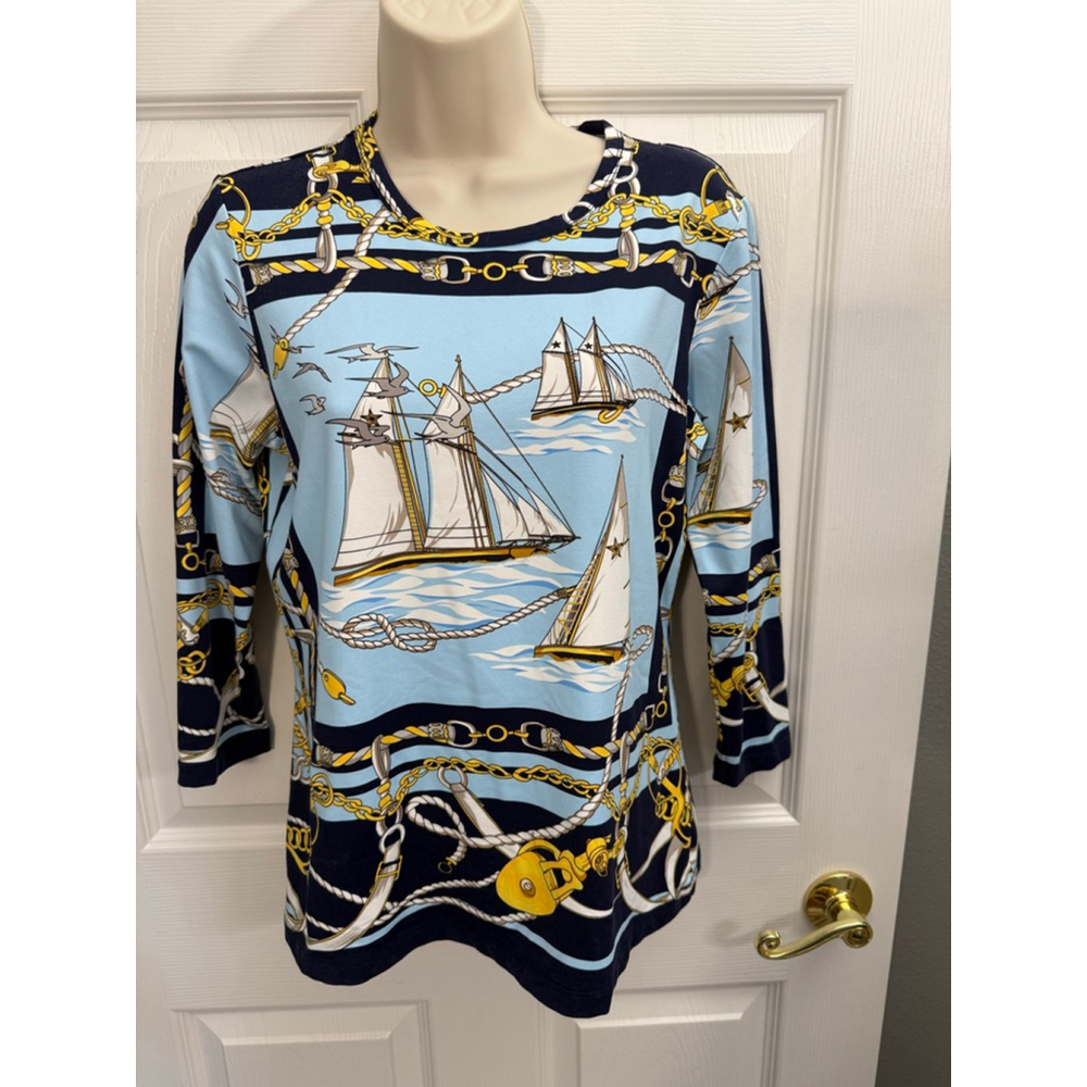 J. McLaughlin Signature Tee Catalina Cloth nautical sailboat rope chain print M